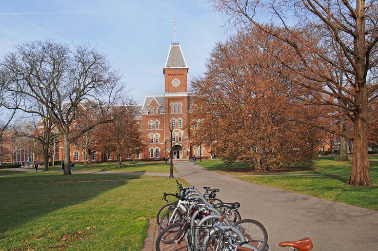College campus with bicycle rack College campus with bicycle rack