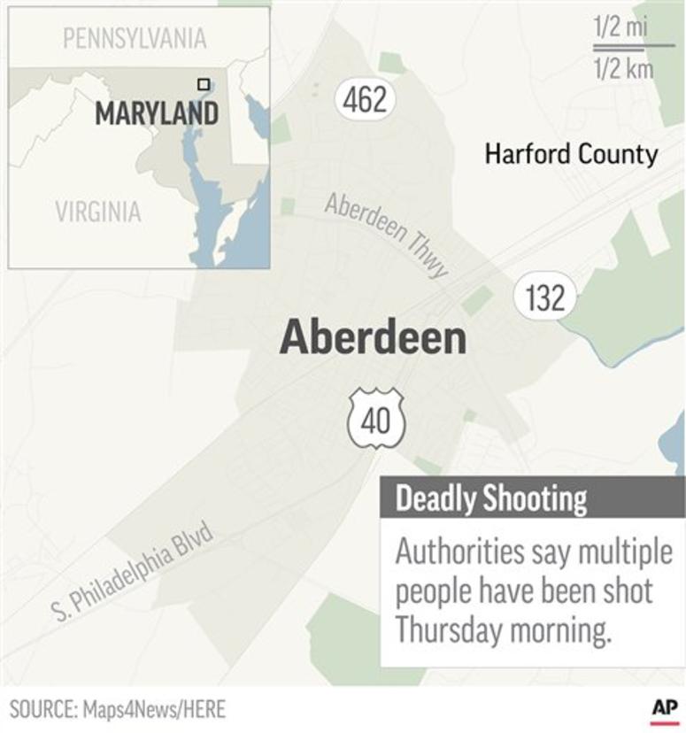 Map locates Aberdeen, Maryland, where a mass shooting has been reported