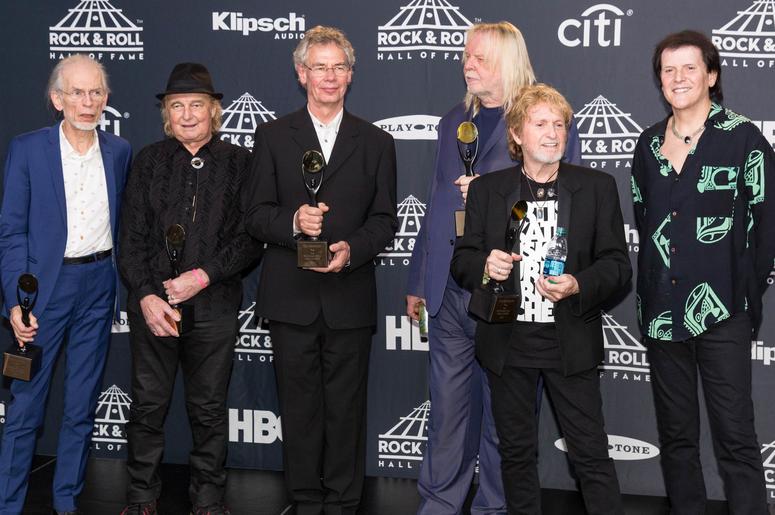Steve Howe, Alan White, Tony Kaye, Rick Wakeman, Jon Anderson and Trevor Rabin of Yes at Barclay's Center during Rock and Roll Hall of Fame induction ceremony on April 7, 2017, in Brooklyn, New York NY: Rock and Roll Hall of Fame Press Room