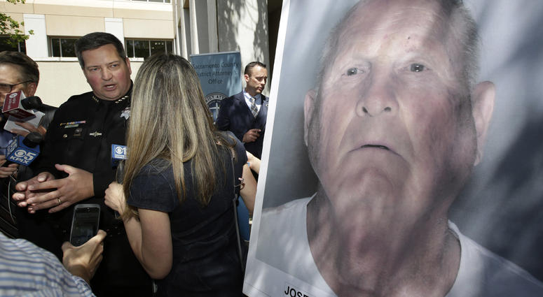 Sacramento County Sheriff Scott Jones, left, talks to reporters about the arrest Joesph James DeAngelo, seen in photo, on suspicion of committing a string of violent crimes Sacramento County Sheriff Scott Jones, left, talks to reporters about the arrest Joesph James DeAngelo, seen in photo, on suspicion of committing a string of violent crimes