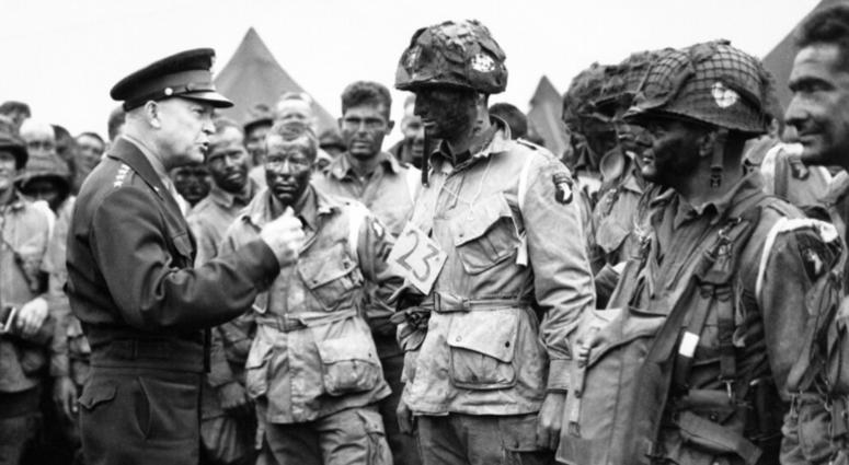 D-Day In this June 6, 1944, file photo, U.S. Gen. Dwight D. Eisenhower, left, gives the order of the day to paratroopers in England prior to boarding their planes to participate in the first assault of the Normandy invasion.