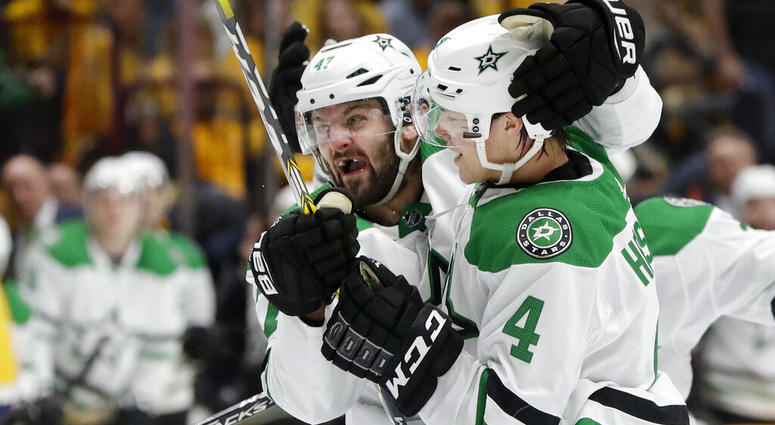 Dallas Stars Dallas Stars right wing Alexander Radulov (47) celebrates with defenseman Miro Heiskanen (4)
