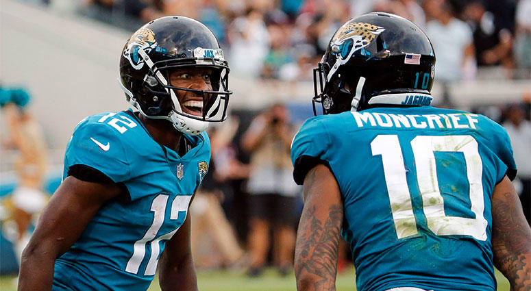 Jacksonville Jaguars wide receiver Dede Westbrook (12) celebrates his 61-yard touchdown against the New England Patriots with teammate wide receiver Donte Moncrief (10) Jacksonville Jaguars wide receiver Dede Westbrook (12) celebrates his 61-yard touchdown against the New England Patriots with teammate wide receiver Donte Moncrief (10)