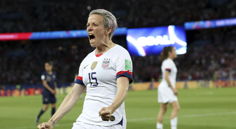 United States' Megan Rapinoe celebrates after scoring her side's second goal during the Women's World Cup quarterfinal soccer match between France and the United States at the Parc des Princes, in Paris, Friday, June 28, 2019. United States' Megan Rapinoe celebrates after scoring her side's second goal during the Women's World Cup quarterfinal soccer match between France and the United States at the Parc des Princes, in Paris, Friday, June 28, 2019.