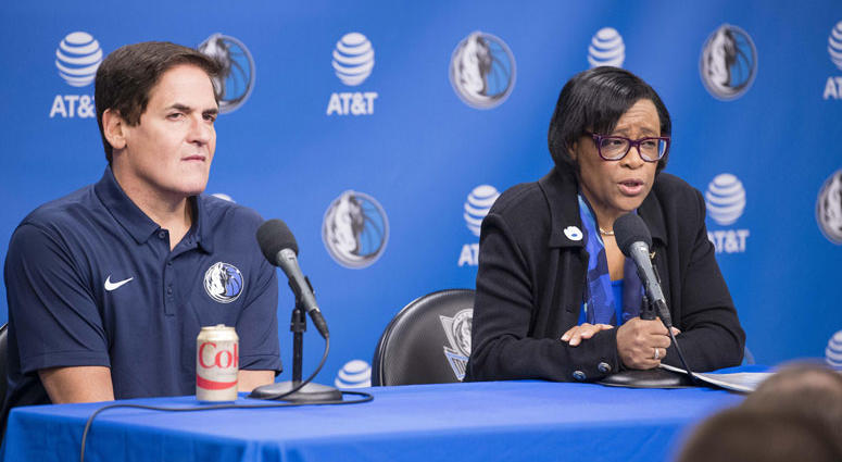 Dallas Mavericks owner Mark Cuban looks on as interim CEO Cynthia Marshall Dallas Mavericks owner Mark Cuban looks on as interim CEO Cynthia Marshall