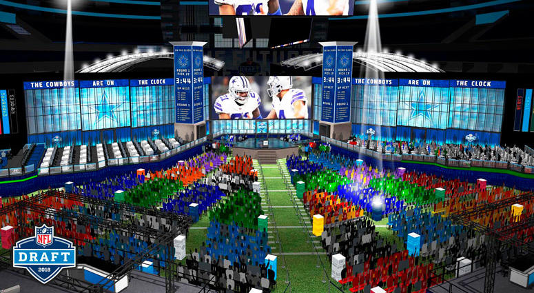 This computer rendering provided by the NFL shows the view looking towards the stage of the proposed NFL Draft at AT&T Stadium in Arlington, Texas. The NFL is bringing its Big D, the draft, to Dallas Cowboys owner Jerry Jones' palace. This computer rendering provided by the NFL shows the view looking towards the stage of the proposed NFL Draft at AT&T Stadium in Arlington, Texas. The NFL is bringing its Big D, the draft, to Dallas Cowboys owner Jerry Jones' palace.