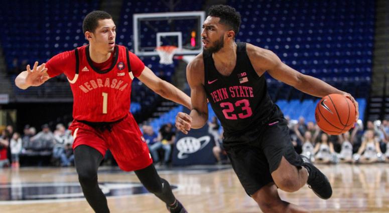 Feb 19, 2019; University Park, PA, USA; Penn State Nittany Lions guard Josh Reaves (23) dribbles the ball around Nebraska Cornhuskers guard Amir Harris (1) during the first half at Bryce Jordan Center. Feb 19, 2019; University Park, PA, USA; Penn State Nittany Lions guard Josh Reaves (23) dribbles the ball around Nebraska Cornhuskers guard Amir Harris (1) during the first half at Bryce Jordan Center.