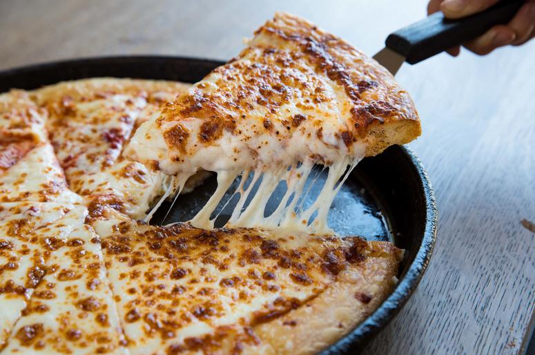 A cheesy pizza from Pizza Hut