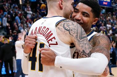 Oct 21, 2018; Denver, CO, USA; Denver Nuggets forward Juancho Hernangomez (41) celebrates with guard Gary Harris (14) after the game against the Golden State Warriors at the Pepsi Center. Mandatory Credit: Isaiah J. Downing-USA TODAY Sports
