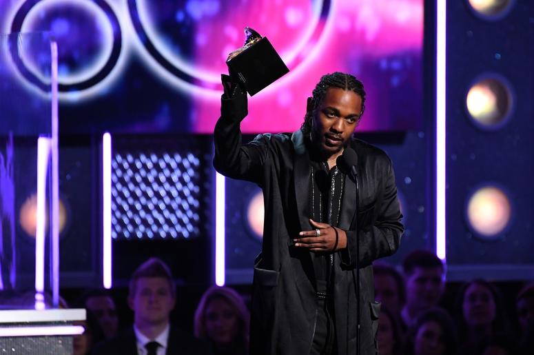 Jan 28, 2018; New York, NY, USA; Kendrick Lamar accepts Best Rap Album during the 60th Annual Grammy Awards at Madison Square Garden. Mandatory Credit: Robert Deutsch-USA TODAY