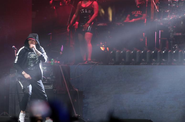 April 22, 2018; Indio, CA, USA; Eminem performs at the Coachella Valley music and Arts Festival at Empire Polo Club. Mandatory Credit: Zoe Meyers/The Desert Sun via USA TODAY NETWORK