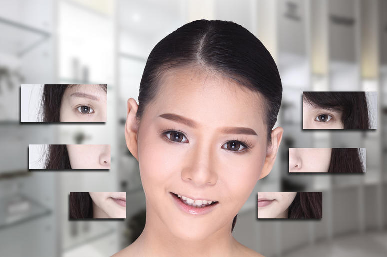 Collage of Asian Woman make up hair style, plastic surgery,. Makeup, eyelash.