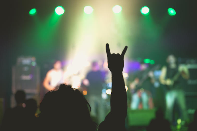 Rock Concert, Small Club, Rock Hands, Sign of the Horns, Devil Horns Rock Concert, Small Club, Rock Hands, Sign of the Horns, Devil Horns