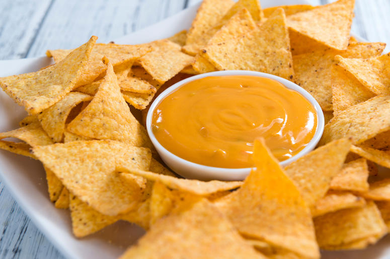 Nacho Cheese, Dip, Chips, Wooden Table Nacho Cheese, Dip, Chips, Wooden Table