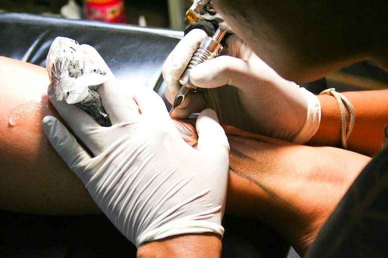 Tattoo, Artist, Gloves, Gun, Leg, Ink Tattoo, Artist, Gloves, Gun, Leg, Ink