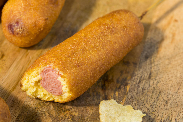 Corn Dog, Bite, Wooden Board Corn Dog, Bite, Wooden Board