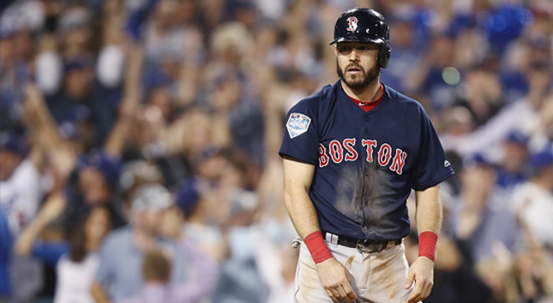 OCTOBER 26: Ian Kinsler #5 of the Boston Red Sox reacts after being thrown out at home plate against the Los Angeles Dodgers during the tenth inning in Game Three of the 2018 World Series at Dodger Stadium on October 26, 2018 in Los Angeles, California. (