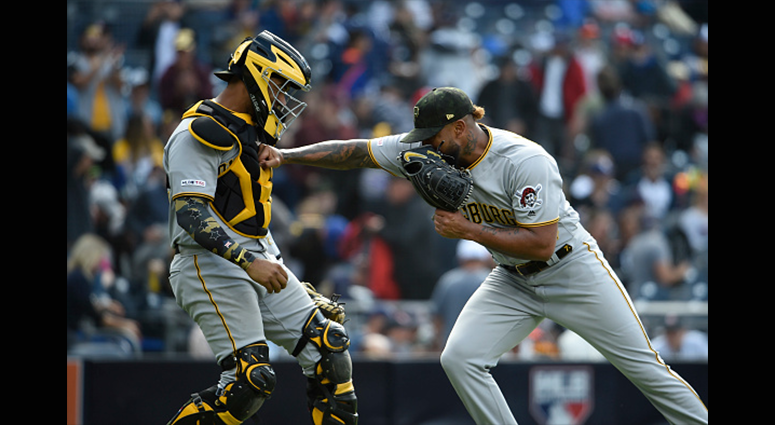 MAY 19: Felipe Vazquez #73 of the Pittsburgh Pirates is congratulated by Elias Diaz #32 after defeating the San Diego Padres 6-4 at Petco Park May 19, 2019 in San Diego, California. (Photo by Denis Poroy/Getty Images)