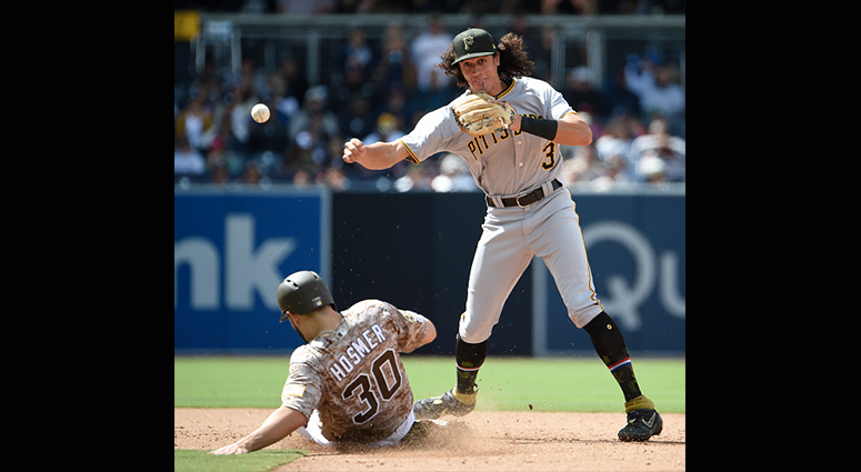 MAY 19: Cole Tucker #3 of the Pittsburgh Pirates turns a double play over Eric Hosmer #30 of the San Diego Padres in the sixth inning at Petco Park May 19, 2019 in San Diego, California. (Photo by Denis Poroy/Getty Images)