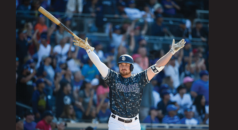 Hunter Renfroe #10 of the San Diego Padres celebrates after hitting a grand slam walk off home run during the ninth inning of a baseball game against the Los Angeles Dodgers at Petco Park May 5, 2019 in San Diego, California. The Padres won 8-5. (Photo by