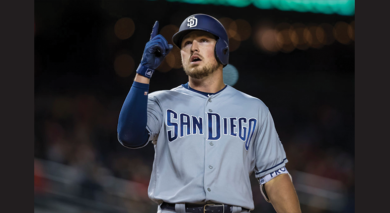 Hunter Renfroe #10 of the San Diego Padres reacts after hitting a home run against the Washington Nationals during the ninth inning at Nationals Park on April 26, 2019 in Washington, DC. (Photo by Scott Taetsch/Getty Images)