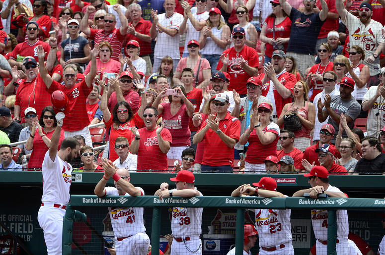 St. Louis Cardinals pitcher Adam Wainwright salutes fans at Busch Stadium St. Louis Cardinals pitcher Adam Wainwright salutes fans at Busch Stadium