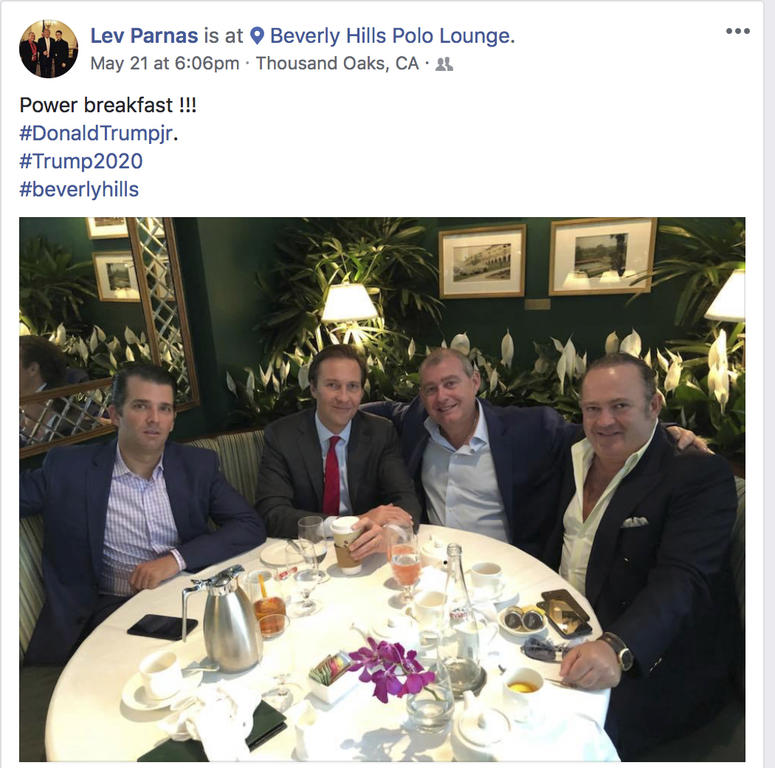 This Facebook screen shot provided by The Campaign Legal Center, shows from left, Donald Trump, Jr., Tommy Hicks, Jr., Lev Parnas and Igor Fruman, posted on May 21, 2018. This Facebook screen shot provided by The Campaign Legal Center, shows from left, Donald Trump, Jr., Tommy Hicks, Jr., Lev Parnas and Igor Fruman, posted on May 21, 2018.