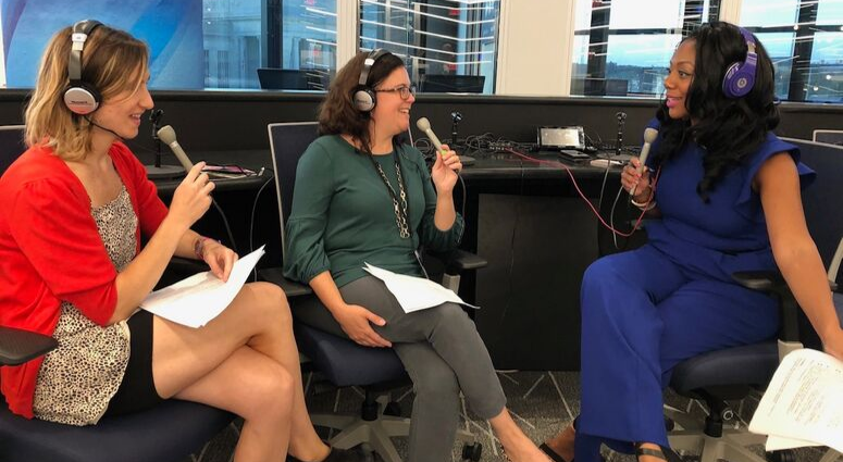 Meg Holscher (center), Fairmount Park Conservancy senior development director, and Sara Hirshler (left), membership manager, discuss Philly's parks, the vision for sustainability, and the many events coming up this fall. Meg Holscher (center), Fairmount Park Conservancy senior development director, and Sara Hirshler (left), membership manager