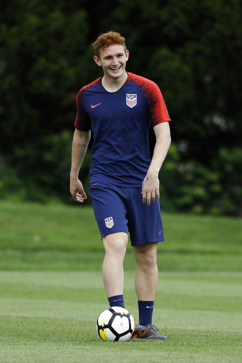 United States' Josh Sargent passes the ball during soccer practice at the University of Pennsylvania. United States' Josh Sargent passes the ball during soccer practice at the University of Pennsylvania.