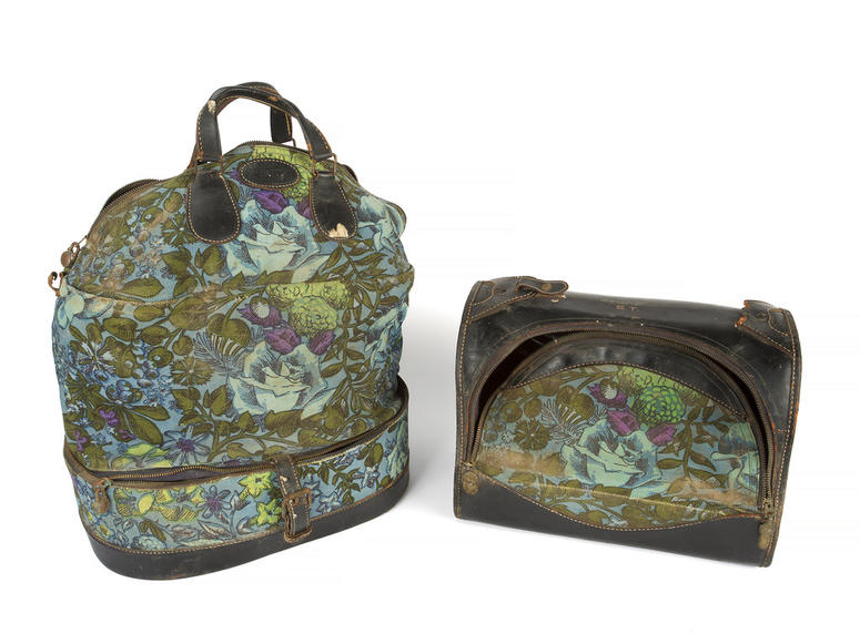 This combination photo shows two floral canvas and leather bags owned by the late actress Sharon Tate which will be auctioned November 17 in Los Angeles and online by Julien’s Auctions. This combination photo shows two floral canvas and leather bags owned by the late actress Sharon Tate which will be auctioned November 17 in Los Angeles and online by Julien’s Auctions.
