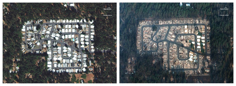 This combination photo of satellite images provided by DigitalGlobe shows a neighborhood in the northern California town of Paradise before a wildfire on Sept. 10, 2018, left, and after the fire on Nov. 17, 2018. This combination photo of satellite images provided by DigitalGlobe shows a neighborhood in the northern California town of Paradise before a wildfire on Sept. 10, 2018, left, and after the fire on Nov. 17, 2018.