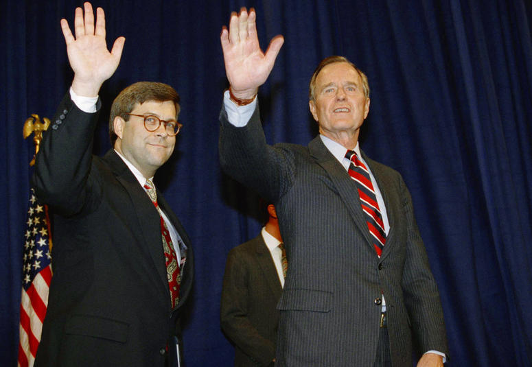 In this Nov. 26, 1991, file photo, President George H.W Bush, right, and William Barr wave after Barr was sworn in as the new Attorney General of the United States at a Justice Department ceremony in Washington. In this Nov. 26, 1991, file photo, President George H.W Bush, right, and William Barr wave after Barr was sworn in as the new Attorney General of the United States at a Justice Department ceremony in Washington.