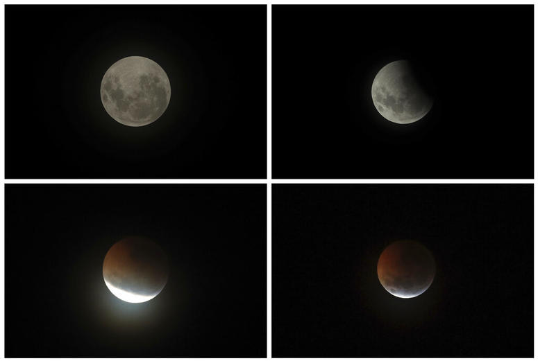 This combination photo shows the moon at the four different moments during a total lunar eclipse in Brasilia, Brazil, Monday, Jan. 21, 2019. The moon at the four different moments during a total lunar eclipse in Brasilia, Brazil.