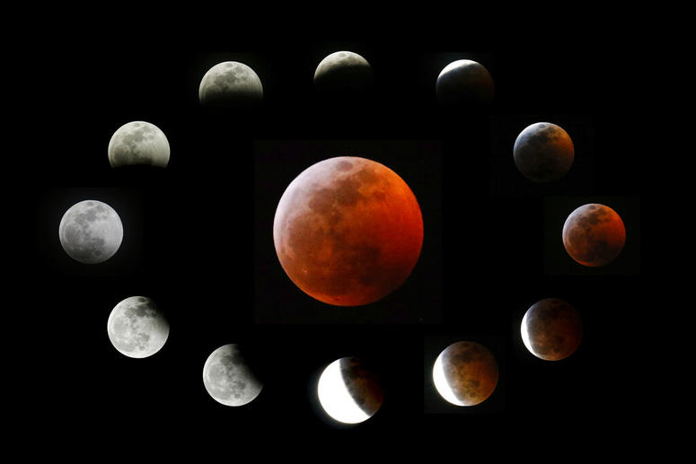 This combination photo shows the totally eclipsed moon, center, and others at the different stages during a total lunar eclipse, as seen from Los Angeles, Sunday, Jan. 20, 2019. The totally eclipsed moon, center, and others at the different stages during a total lunar eclipse, as seen from Los Angeles.