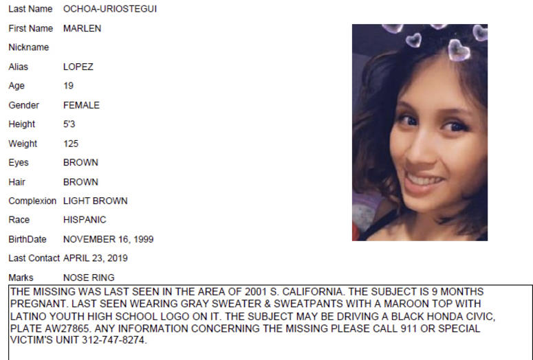 This undated Chicago Police missing person flier shows Marlen Ochoa-Lopez. Ochoa-Lopez, who had gone to a Chicago home in response to a Facebook offer of free baby clothes, was strangled and her baby cut from her womb, police and family members said. Marlen Ochoa-Lopez