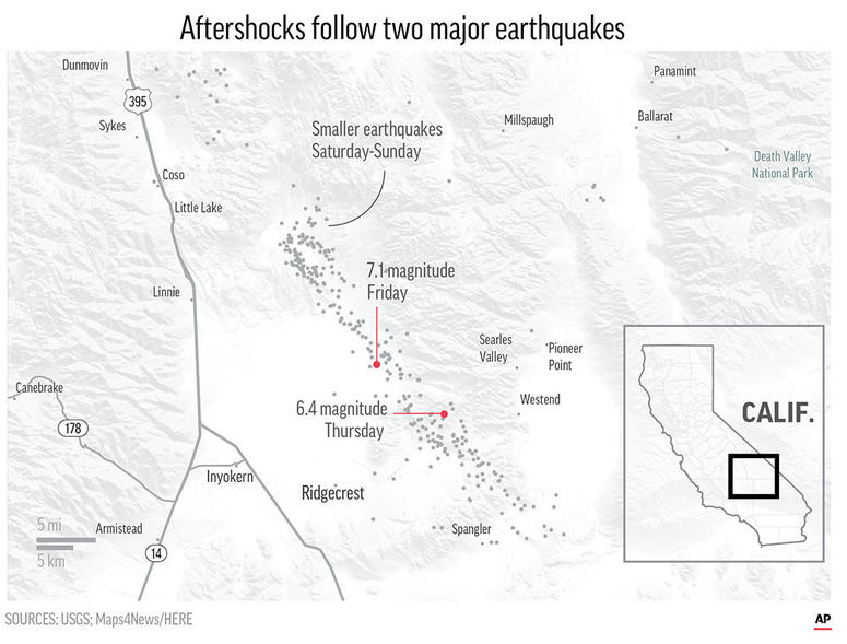 Scores of aftershocks have followed two major earthquakes have struck in Southern California; Scores of aftershocks have followed two major earthquakes have struck in Southern California;