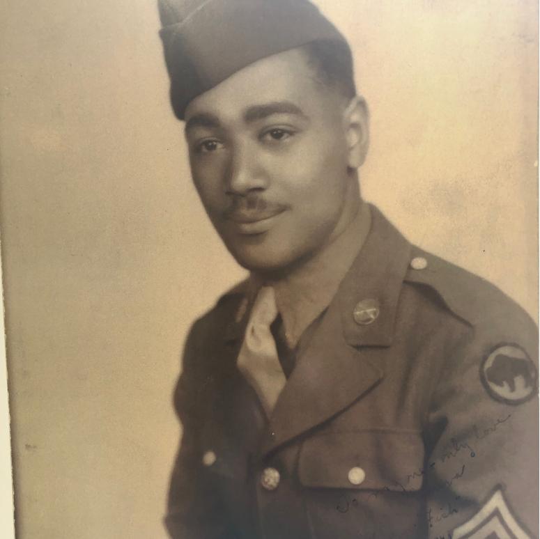 William Thompson in uniform. He was drafted in 1943, serving in the segregated, all-black 92nd Infantry Division. William Thompson