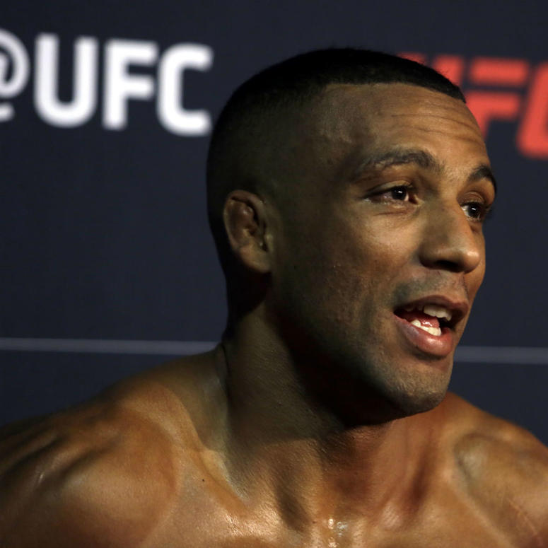 In this Wednesday March 27, 2019, photo, UFC fighter Edson Barboza is interviewed after a workout in Philadelphia. In this Wednesday March 27, 2019, photo, UFC fighter Edson Barboza is interviewed after a workout in Philadelphia.