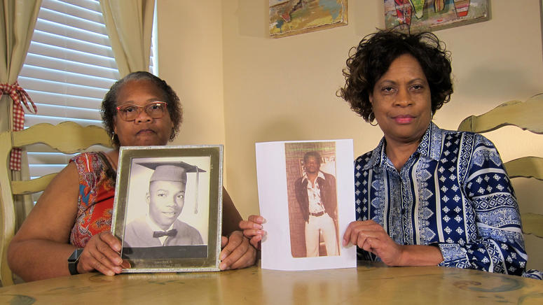 In this Wednesday, April 10, 2019, photo Mylinda Byrd Washington, 66, left, and Louvon Byrd Harris, 61, hold up photographs of their brother James Byrd Jr. in Houston. In this Wednesday, April 10, 2019, photo Mylinda Byrd Washington, 66, left, and Louvon Byrd Harris, 61, hold up photographs of their brother James Byrd Jr. in Houston.