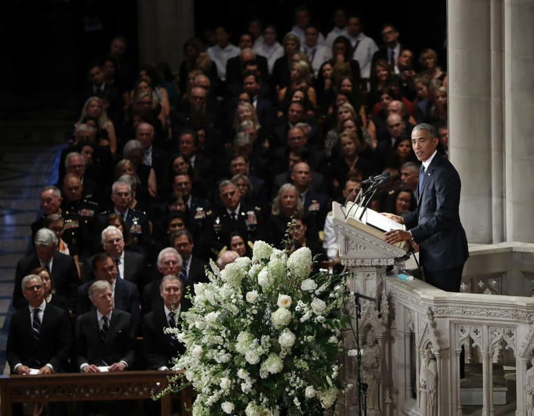 Former President Barack Obama pauses as he speaks at a memorial service for Sen. John McCain, R-Ariz., at Washington National Cathedral in Washington, Saturday, Sept. 1, 2018. Former President Barack Obama pauses as he speaks at a memorial service for Sen. John McCain, R-Ariz., at Washington National Cathedral in Washington, Saturday, Sept. 1, 2018.