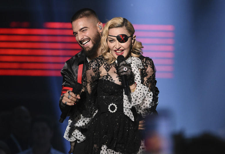 Maluma, left, and Madonna perform "Medellin" at the Billboard Music Awards on Wednesday, May 1, 2019, at the MGM Grand Garden Arena in Las Vegas. Maluma, left, and Madonna perform "Medellin" at the Billboard Music Awards on Wednesday, May 1, 2019, at the MGM Grand Garden Arena in Las Vegas.