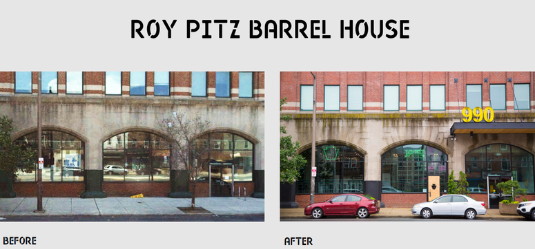 A before and after comparison of Roy Pitz Barrel House in the Spring Arts neighborhood. A before and after comparison of Roy Pitz Barrel House in the Spring Arts neighborhood.