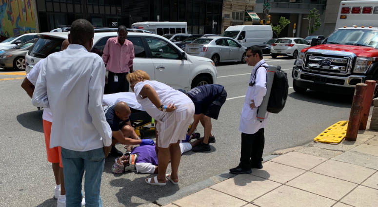While Health Secretary Rachel Levine was meeting with ownership and administrators inside Hahnemann University Hospital on July 3, 2019, an elderly woman with a walker was knocked over by a slow-moving car, attempting to park right outside the hospital. Woman hit by car outside Hahnemann