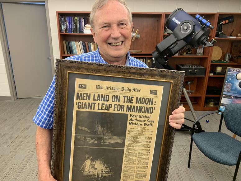 Villanova astronomy and astrophysics professor Dr. Edward Guinan holds a historic front page reporting on the Apollo 11 moon landing. Villanova astronomy and astrophysics professor Dr. Edward Guinan holds a historic front page reporting on the Apollo 11 moon landing.