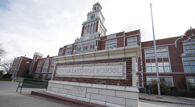 This Wednesday, April 17, 2019 photo shows Denver East High School in Denver. Denver East High School