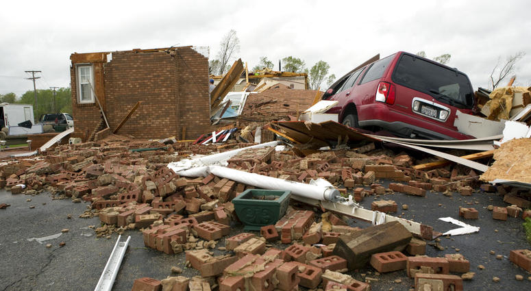 The leveled house of Delores Anderson is viewed Friday, April 19, 2019, after a tornado touched down in Franklin County, Va. southern tornadoes