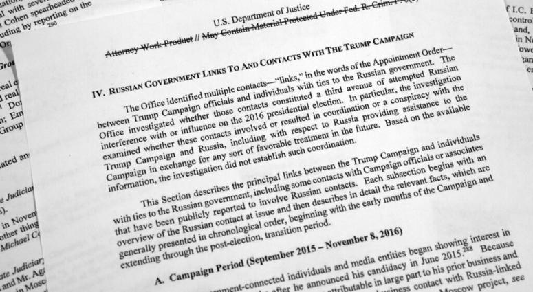 Special counsel Robert Mueller's redacted report on Russian interference in the 2016 presidential election as released on Thursday, April 18, 2019, is photographed in Washington. Mueller report