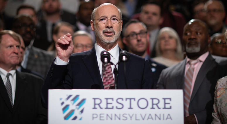 Gov. Tom Wolf is joined by Lt. Gov. John Fetterman and state, county, and local government leaders from across the commonwealth on May 15, 2019 to rally for Restore PA in Harrisburg. Gov. Tom Wolf