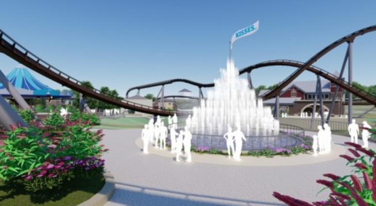 Hersheypark's expansion called Chocolatetown will feature a KISSES Fountain, displayed in this rendering. Chocolatetown KISSES Fountain