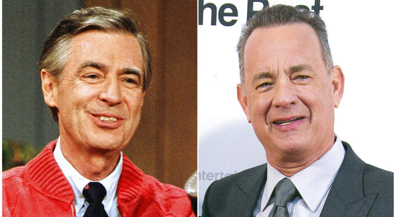 Fred Rogers as he rehearses the opening of his PBS show "Mister Rogers' Neighborhood" in Pittsburgh on June 28, 1989, left, and Tom Hanks at the London premiere of the film 'The Post ' on Jan. 10, 2018. Fred Rogers as he rehearses the opening of his PBS show "Mister Rogers' Neighborhood" in Pittsburgh on June 28, 1989, left, and Tom Hanks at the London premiere of the film 'The Post ' on Jan. 10, 2018.